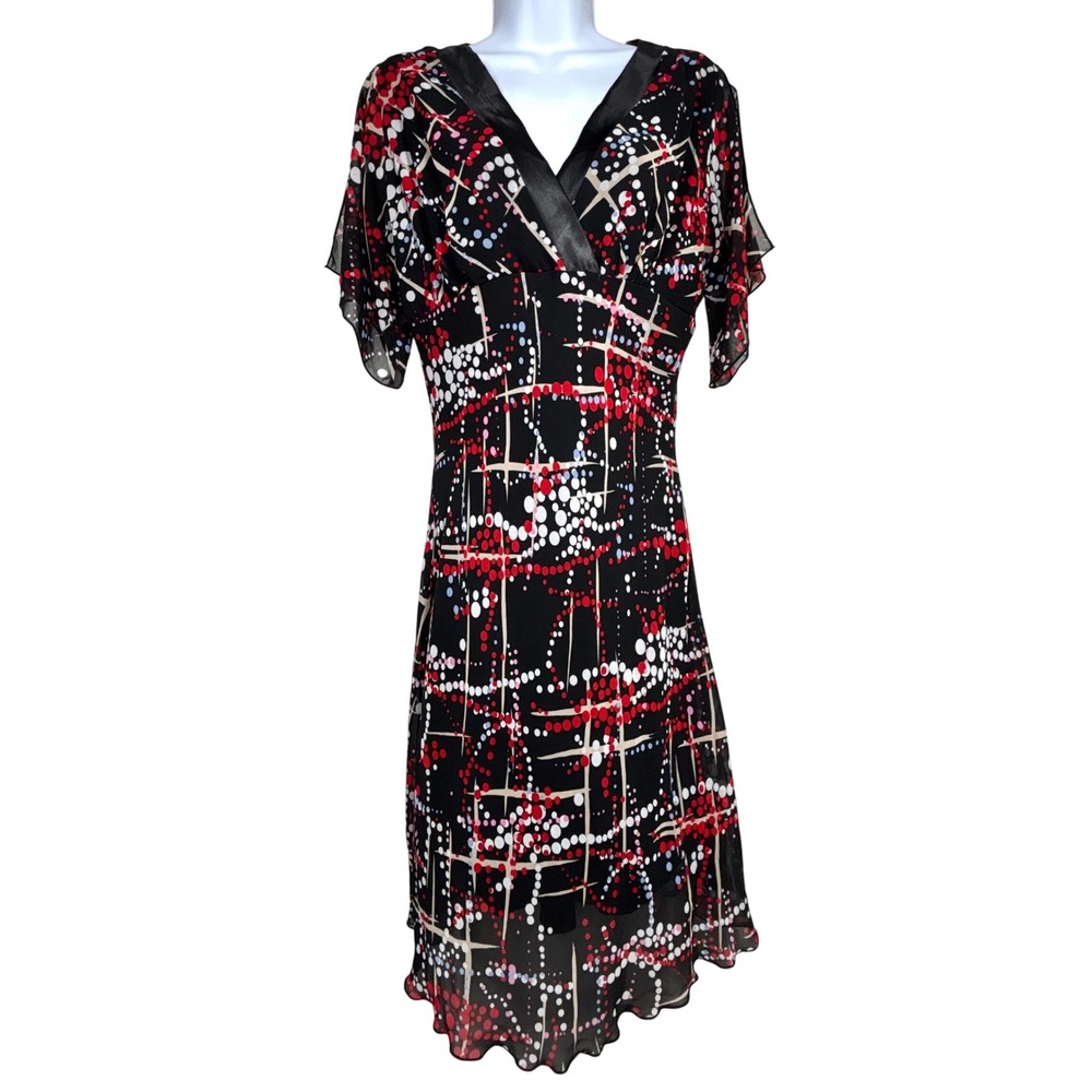VTG 90s Georgiou Studio Faux Wrap Babydoll Dress Large Cap Sleeve Abstract EUC